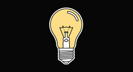 A bright, glowing traditional incandescent light bulb with a visible filament on a dark black background, symbolizing ideas and illumination.