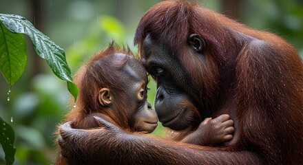 Tender moment between mother orangutan and her baby, embracing in lush tropical rainforest, rain falling softly