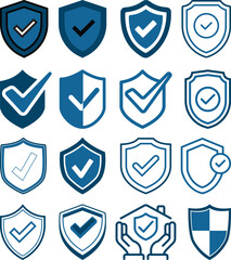 Modern shield security check icon set collection in flat and line style featuring protection, approval, verified badge and cybersecurity symbols. Data safety and trust concepts.
