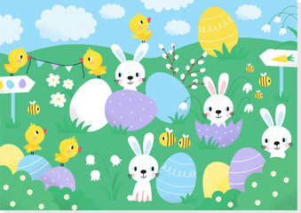 Naklejka premium Cute cartoon Happy Easter vector illustrations for kids with bunny, bee, eggs, flowers, clouds, Chick