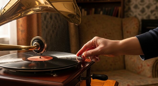 A person placing a record on a vintage gramophone in a cozy room with warm lighting and antique furniture