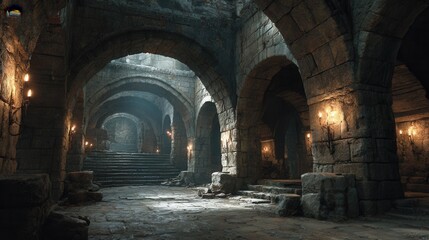 Fototapeta premium Atmospheric stone passageway inside a historic fortress with rough stone walls and arched openings letting natural light inside.