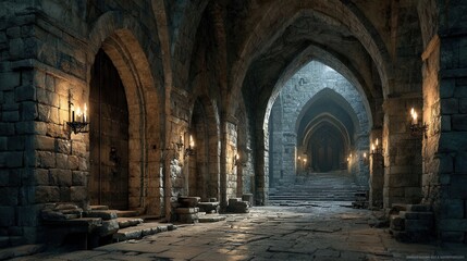 Atmospheric stone passageway inside a historic fortress with rough stone walls and arched openings letting natural light inside.
