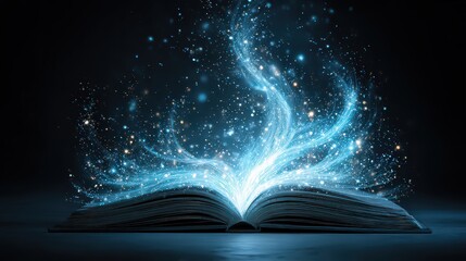Open Book with Blue Glowing Light and Sparkling Particles on a Dark Background Creating Magical Ethereal Atmosphere