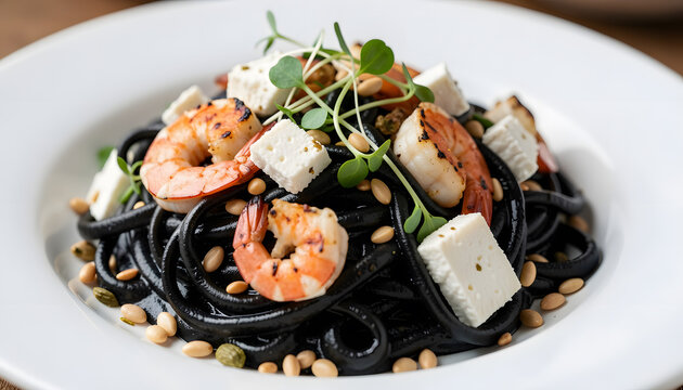 Close-up macro photo of black and sepia spaghetti pasta with juicy shrimps, feta, and colorful garnishes on a white plate. Modern, gourmet food styled with texture and vibrant details, perfect cuisine