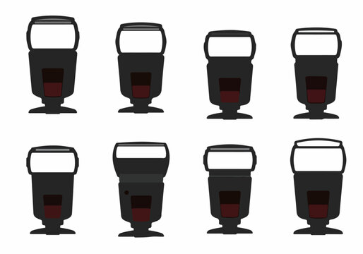 Eight generic speedlight camera flash units displayed as minimalist vector illustrations, representing professional photography lighting equipment.