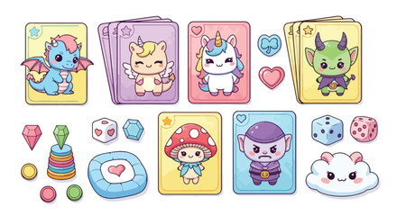 Fototapeta premium A colorful illustration of cartoon characters and gaming elements, including cards, dice, and gems, arranged on a white background.