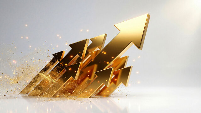 勢いよく弾ける金色の矢印と大量のコインがきらきらと舞う、金価格の上昇志向を象徴する画像です。金融金融や投資、ビジネスのプレゼン資料やWeb広告などにおいて、圧倒的な成長と確かな繁栄、そして未来への飛躍を力強くアピールできる素材です。