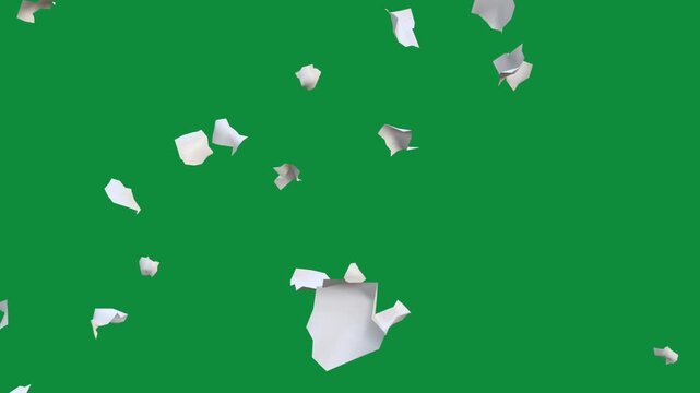 White paper animation flying on green background, floating paper scraps motion, shredded documents and office data clearing concept
