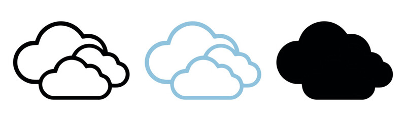 Obraz premium Multiple cloud icons representing overcast or cloudy weather. Set includes outline, blue-rimmed, and black solid silhouette styles.