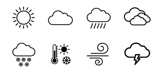 Fototapeta premium Comprehensive weather icon set in a minimalist black outline style. Symbols include sun, clouds, rain, snow, temperature, wind, and storm.