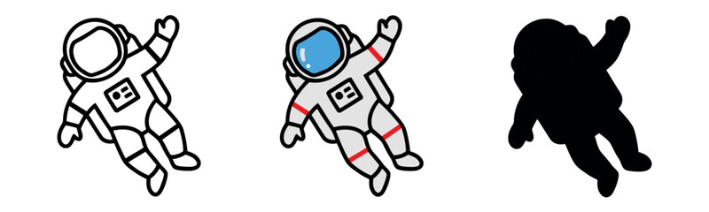 Obraz premium Astronaut in spacesuit icons in outline, colorful flat, and black silhouette styles. Spaceman character symbols for science and galaxy missions.