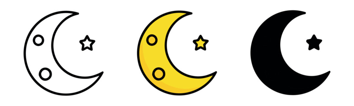 Crescent moon and star icon set in outline, yellow, and black solid styles. Minimalist night sky, sleep, and evening symbols for graphic design.