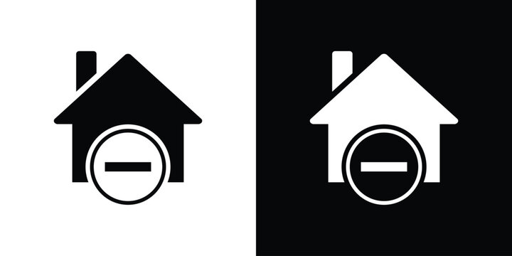 Minimalist house icon with a minus symbol in a circle. Black and white vector set representing adding a new home, property expansion, or real estate registration.