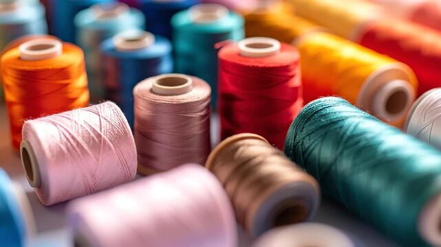 Close-up shot of colorful spools of thread, perfect for sewing and crafting projects.