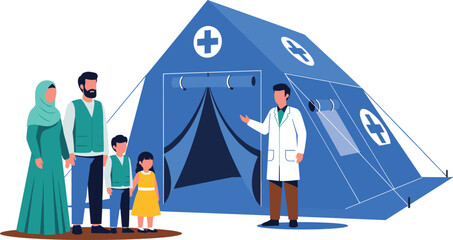 Humanitarian Medical Aid Tent Vector Illustration Featuring Doctor Assisting Refugee Family at Emergency Health Camp for Disaster Relief and Crisis Support Concepts © MstBobita