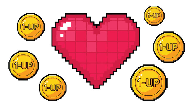 A pixelated heart surrounded by golden coins with 1-UP text on a white background