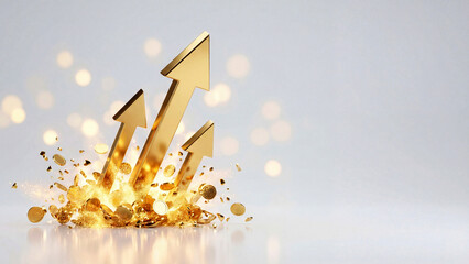 勢いよく弾ける金色の矢印と大量のコインがきらきらと舞う、金価格の上昇志向を象徴する画像です。金融金融や投資、ビジネスのプレゼン資料やWeb広告などにおいて、圧倒的な成長と確かな繁栄、そして未来への飛躍を力強くアピールできる素材です。