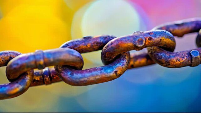 A close-up of a rusty metal chain against a colorful background.