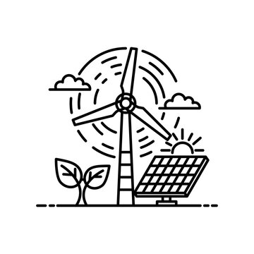 Green Energy Line Art Icon &ndash; Wind Turbine and Solar Panel Outline Illustration