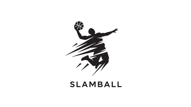 A sleek black silhouette of a Slamball player in mid-air dunk, surrounded by motion lines, against a clean white background.