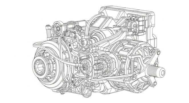 Detailed engineering blueprint of a complex internal combustion engine, technical illustration.