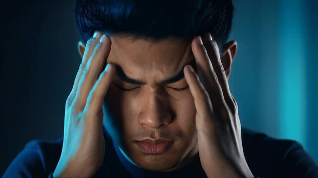 Man experiencing stress and anxiety with hands on head in cinematic slow motion, symbolizing mental health struggles and emotional pain