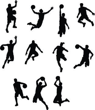 Professional basketball players silhouettes in action jumping dunking and dribbling set of athletic male figures for sports competition graphic design