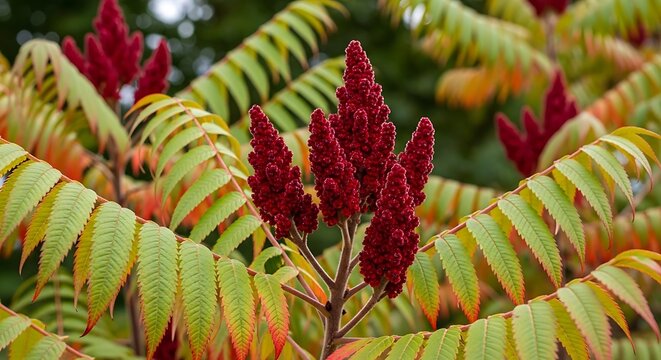 Staghorn sumac branches display vibrant red fruit and green leaves.