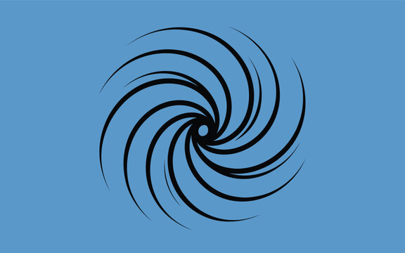Abstract black spiral vortex on blue background, geometric swirl shape eps vector, hypnotic circular motion graphic, radial curved lines design