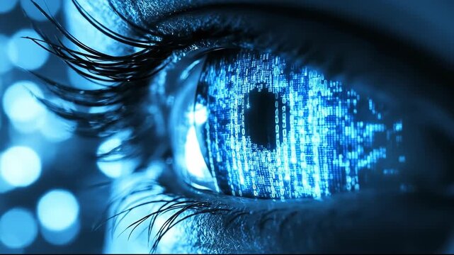 Close-up of an eye displaying binary data in a digital blue theme.