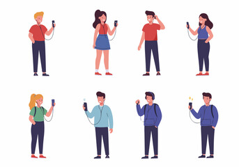Fototapeta premium Group of diverse young adults listening to music or podcasts on mobile phones using wired earbuds, isolated vector flat illustration.