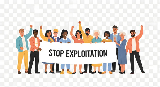 Diverse group holding banner against exploitation in public demonstration viewed from the front