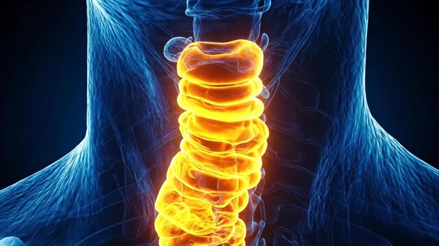 A glowing illustration of the human spine showcasing its anatomy.