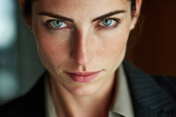 Obraz premium Close up portrait of confident woman with blue eyes and freckles looking at camera, natural light highlighting facial features and serious expression in professional attire.