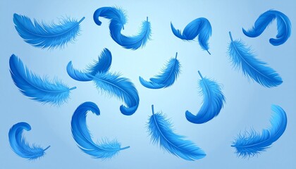 Fototapeta premium Floating blue feathers, light gradient background, artistic design symbolizing lightness, freedom and motion theme