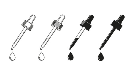 Naklejka premium Four dropper pipettes with single drops of liquid on white background