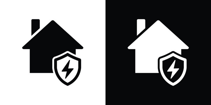 Home electrical safety icon showing a house with a lightning bolt inside a shield. Represents surge protection, electrical security, power safety, and residential utility insurance.