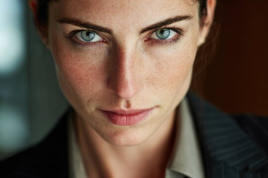Close up portrait of confident woman with blue eyes and freckles looking at camera, natural light highlighting facial features and serious expression in professional attire.