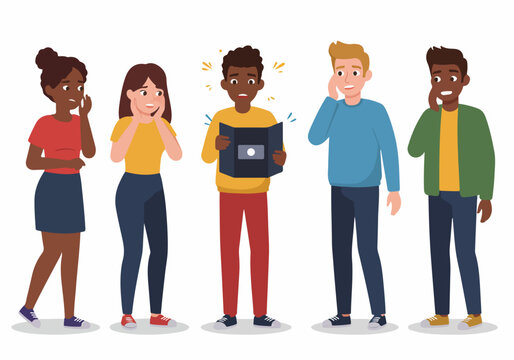 Shocked diverse group of young adults reacting with surprise and anxiety to unexpected bad news being read from a document.