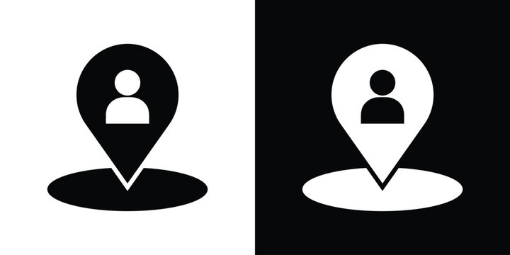 Minimalist map pointer icon featuring a person silhouette. Professional black and white location marker for user profiling, navigation apps, and personal address tracking.