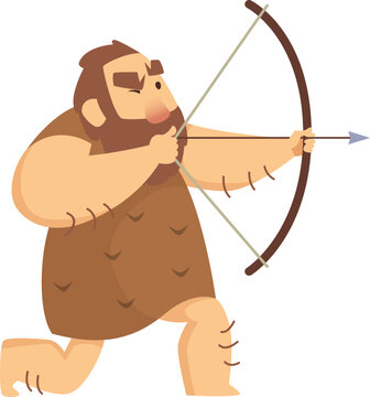 Caveman aiming with ancient bow. Prehistoric man character