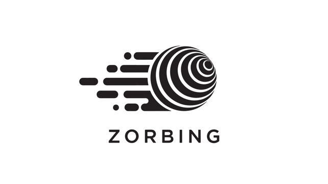 High-quality black and white zorbing logo design featuring a stylized sphere with motion lines and modern sans-serif font on a white background.