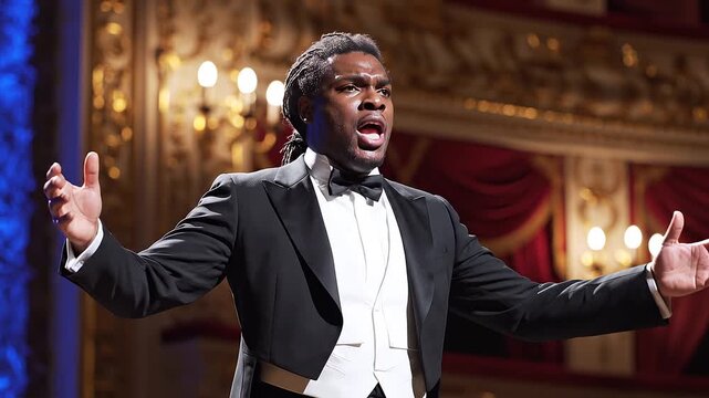 Man in tuxedo singing on stage.