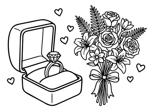 Hand drawn line art romantic set featuring an engagement ring in a box, a flower bouquet, and hearts for a marriage proposal