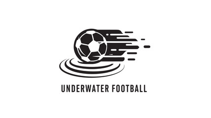 A sleek black and white logo featuring a soccer ball in motion, symbolizing underwater football with dynamic graphics and bold typography.