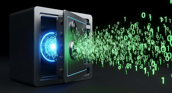 Digital data bursting out of a high-tech safe with binary code, technology, security, data, vault in a dark environment from a front viewpoint