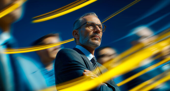 Confident mature businessman leading team with abstract yellow light trails on blue background
