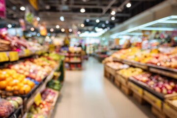 Fototapeta premium Grocery store interior with fresh fruits and vegetables displayed on shelves, bright lighting, and blurred background showing aisles and produce section in supermarket.