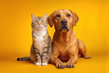 Obraz premium Adoption Theme Happy Cat and Dog Duo Against Vibrant Yellow Background, Perfect